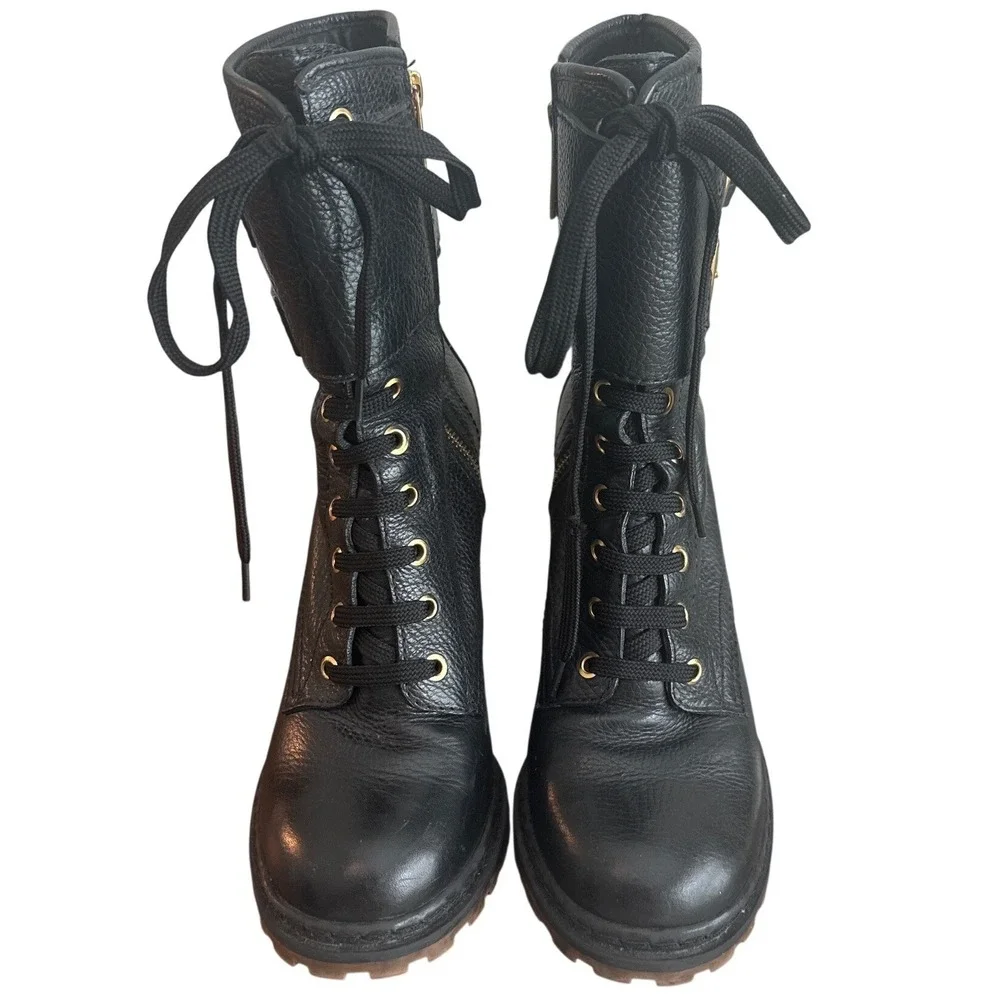 Tory Burch Combat Boots Black Leather Double Buckle Heeled Moto Size 9